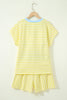 Yellow Stripe Colorblock Trim V Neck Tee Drawstring Elastic Waist Short Set