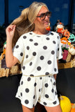 Pink Polka Dot Print Loose Tee Drawstring Elastic Waist Short Set