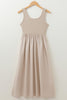 Beige Scoop Neck Ribbed Pleated Sleeveless Midi Dress