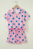 Pink Polka Dot Print V Neck Tee Short Set