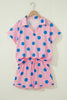 Pink Polka Dot Print V Neck Tee Short Set