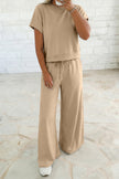 Mist Blue Solid Color Loose Tee Drawstring Wide Leg Pants 2pcs Outfit