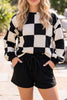 Khaki Checkerboard Plaid Long Sleeve Solid Color Shorts 2pcs Set