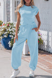 Beau Blue Solid Color Cropped Tank Top and Jogger Pants Set
