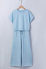 Mist Blue Solid Color Loose Tee Drawstring Wide Leg Pants 2pcs Outfit