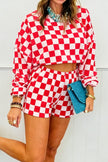 Pink Plaid Checkered Long Sleeve Crop Top Elastic Waist Shorts Two Piece Set