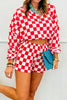 Pink Plaid Checkered Long Sleeve Crop Top Elastic Waist Shorts Two Piece Set