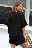 Black Solid Color Waffled V Neck Loose Tee Drawstring Shorts Set