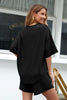 Black Solid Color Waffled V Neck Loose Tee Drawstring Shorts Set