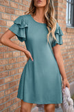 Skobeloff Solid Color Round Neck Double Ruffle Short Sleeve Dress