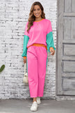 Rose Red Colorblock Patchwork Long Sleeve Top and Pants Set