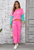 Rose Red Colorblock Patchwork Long Sleeve Top and Pants Set