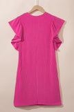Rose Red Plain Crinkle Rib Flutter Sleeve Mini Dress