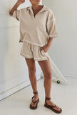 Light Beige-10 Breathable Waffle Color Block Trim 2pcs Casual Short Set