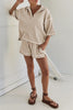 Light Beige-10 Breathable Waffle Color Block Trim 2pcs Casual Short Set