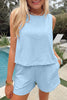 Beige Stitched Detail Loose Tank Top Cotton 2pcs Short Set