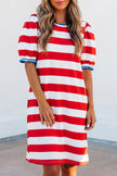 Blue Stripe Contrast Trim Round Neck Short Puff Sleeve Shift Mini Dress