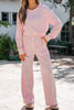 Pink Stripe Drop Shoulder Round Neck Top and Buttoned Straight Pants Two Piece Set