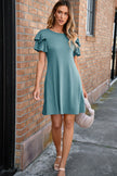 Skobeloff Solid Color Round Neck Double Ruffle Short Sleeve Dress