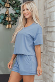 Sky Blue Solid Color Contrast Textured Patchwork Raw Edge 2pcs Short Set