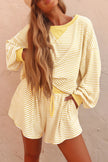 Brown Stripe Oversized Long Sleeve Top Drawstring Loose Shorts 2pcs Set