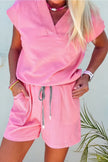 Mint Green V Neck Short Sleeve Top Drawstring Shorts 2pcs Set