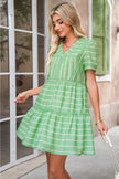 Green Striped V Neck Frill Tiered Mini Dress