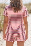 Red Stripe Scallop Trim Casual Top 2pcs Short Set