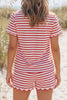 Red Stripe Scallop Trim Casual Top 2pcs Short Set