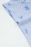 Sky Blue Valentines Bow Print Twisted Rib Loose Long Sleeve Top 2pcs Short Set