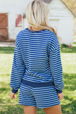Blue Stripe Drop Shoulder Long Sleeve Pullover Elastic Waist Casual Short Set