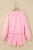 Pink Piping Trim Long Sporty Pullover Drawstring Elastic Waist Shorts Set