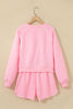 Pink Piping Trim Long Sporty Pullover Drawstring Elastic Waist Shorts Set