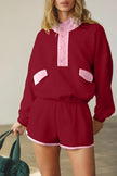 Navy Blue Colorblock Patchwork Half Button Pullover and Shorts Outfit