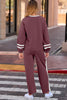 Mineral Red Varsity Stripe Patchwork Puff Sleeve Pullover Drawstring Wide Leg Pant Set