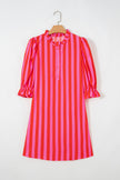 Red Stripe Half Button Puff Sleeve Loose Mini Dress