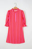 Red Stripe Half Button Puff Sleeve Loose Mini Dress