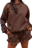 White Polka Dot Print Side Stripe Detail Casual Sweatshirt 2pcs Short Set