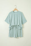 Rose Stripe Raised Rib Loose Tee Drawstring Elastic Waist 2pcs Short Set