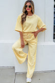 Sachet Pink Lace Patchwork Half Sleeve Top Elastic Waist Pants Two Piece Set