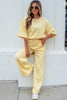 Sachet Pink Lace Patchwork Half Sleeve Top Elastic Waist Pants Two Piece Set