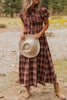 Red Vintage Plaid Knot Front Smocked High Waist Midi Dress