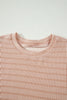 Rose Stripe Raised Rib Loose Tee Drawstring Elastic Waist 2pcs Short Set