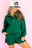 Blackish Green Embroidered Scallop Trim Half Button Pullover Casual Shorts Set