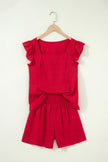 Fiery Red Textured Square Neck Top and Shirred High Waist Shorts Set