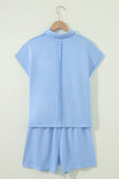 Mist Blue Loose Polo Tee Elastic Waist 2pcs Short Set