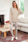 Black Solid Color Oversize Slit Sweatshirt Ribbed Leggings 2pcs Set