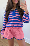 Purple Stripe Half Button Long Sleeve Top Mix and Match Shorts 2pcs Set