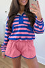 Purple Stripe Half Button Long Sleeve Top Mix and Match Shorts 2pcs Set
