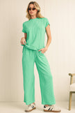 Bright Pink Solid Corded Short Sleeve T Shirt and Wide Leg Pants Set